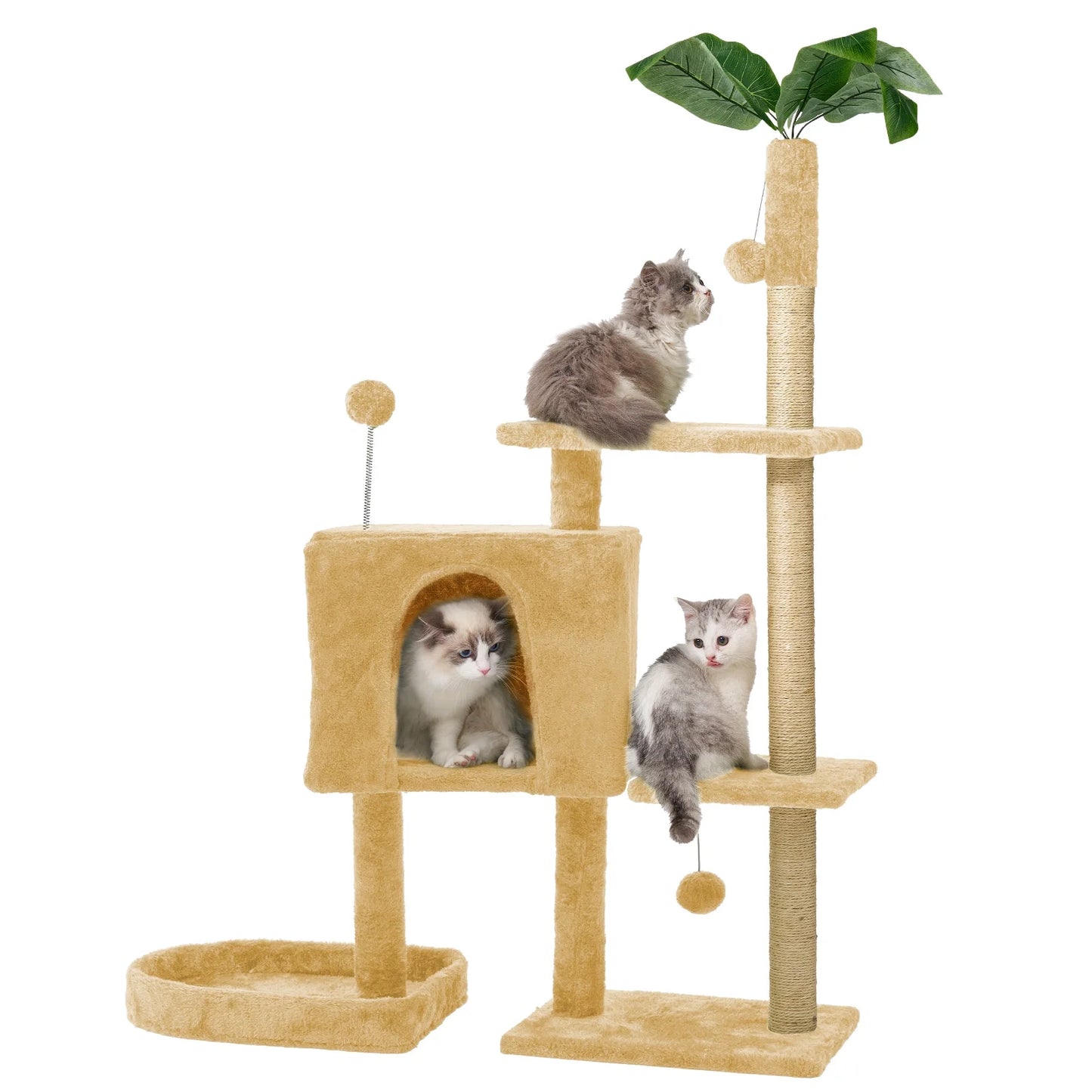 31.5" Cat Tree Cat Tower for Indoor Cats with Green Leaves, Cat Condo Cozy Plush Cat House with Hang Ball and Leaf Shape Design, Cat Furniture Pet House with Cat Scratching Posts, Green