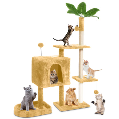 31.5" Cat Tree Cat Tower for Indoor Cats with Green Leaves, Cat Condo Cozy Plush Cat House with Hang Ball and Leaf Shape Design, Cat Furniture Pet House with Cat Scratching Posts, Green